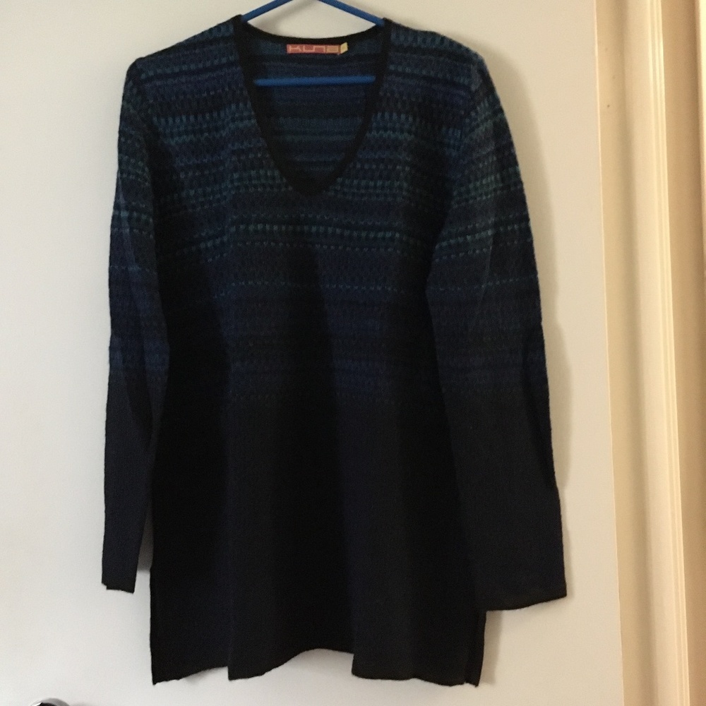 KUNA 100% Baby Alpaca Multi Blue Pattern Knit V Neck Sweater XL